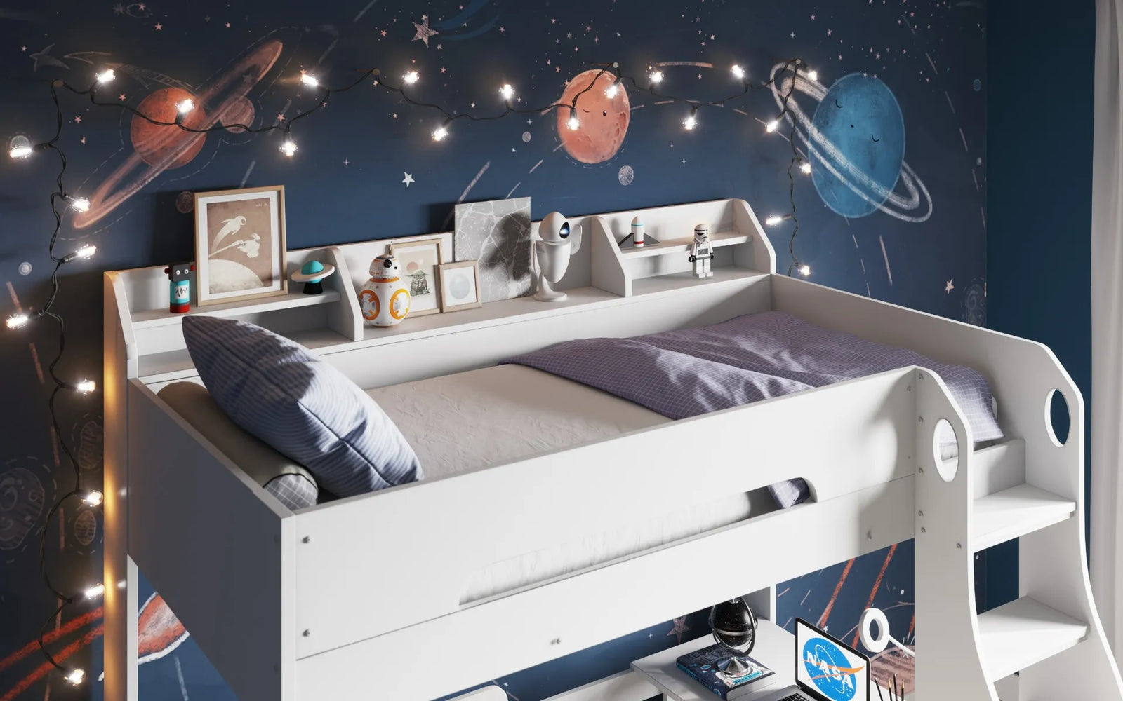Comet L Shaped Bunk Bed with Shelf and Desk in White