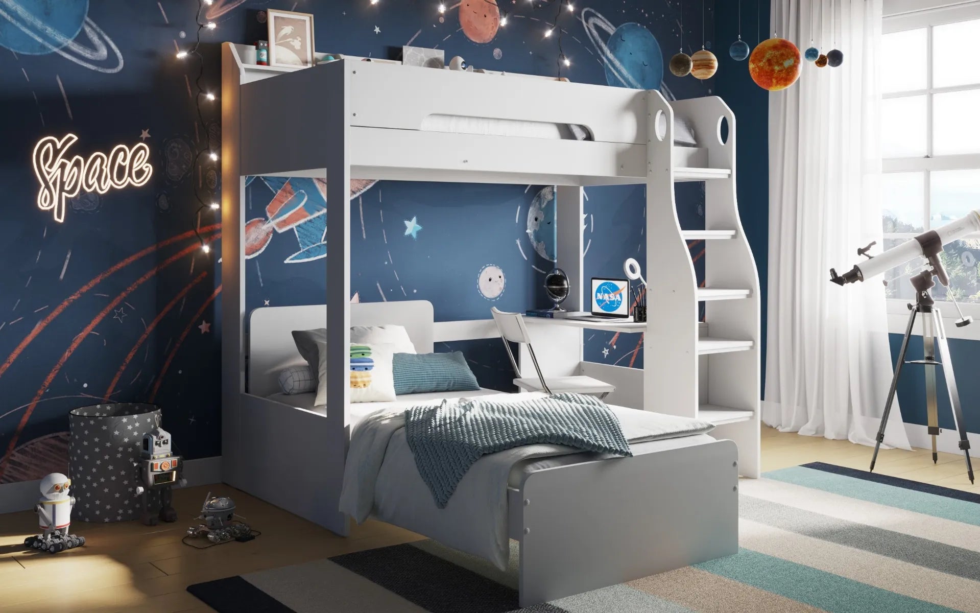 Comet L Shaped Bunk Bed with Shelf and Desk in White