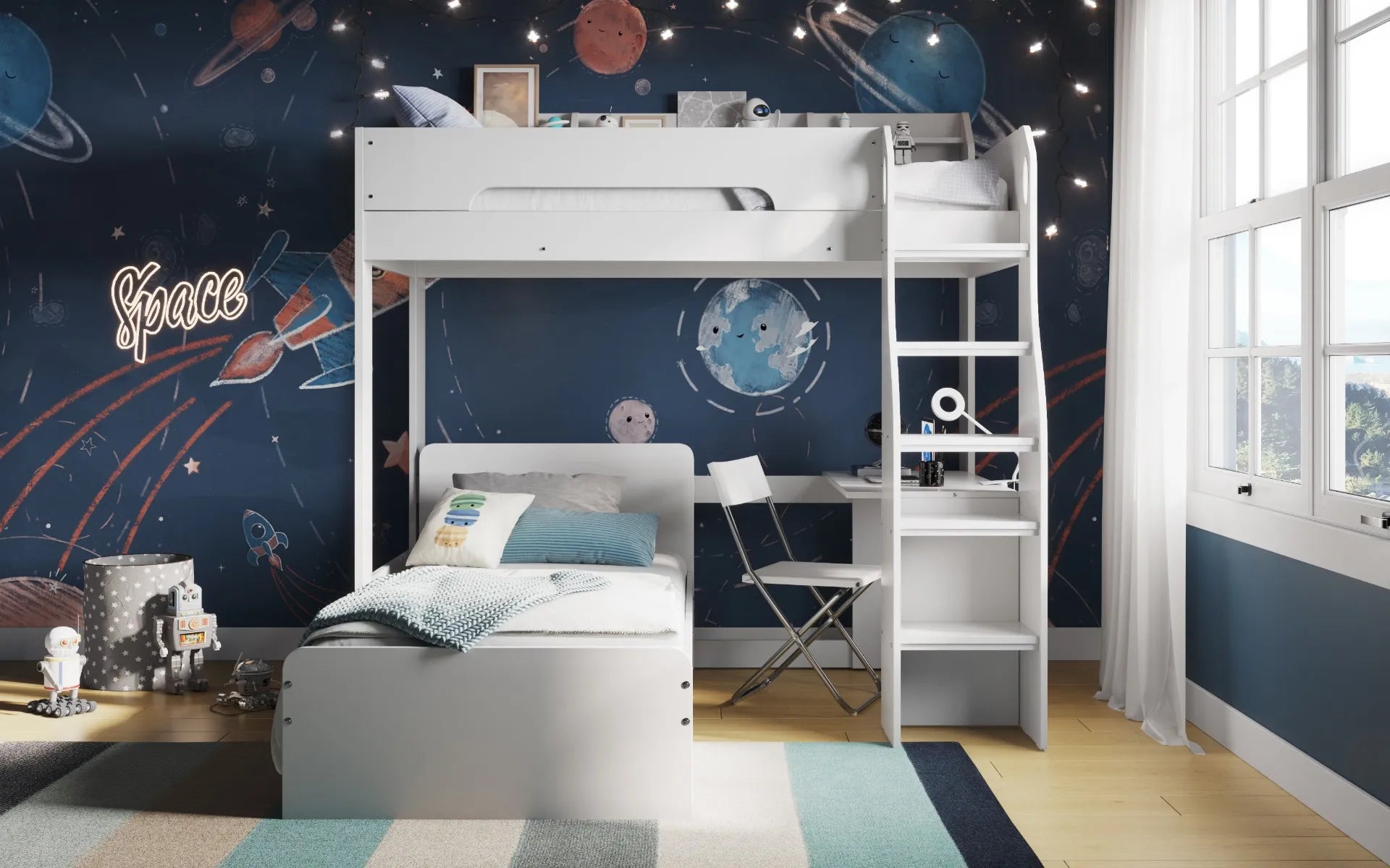 Comet L Shaped Bunk Bed with Shelf and Desk in White