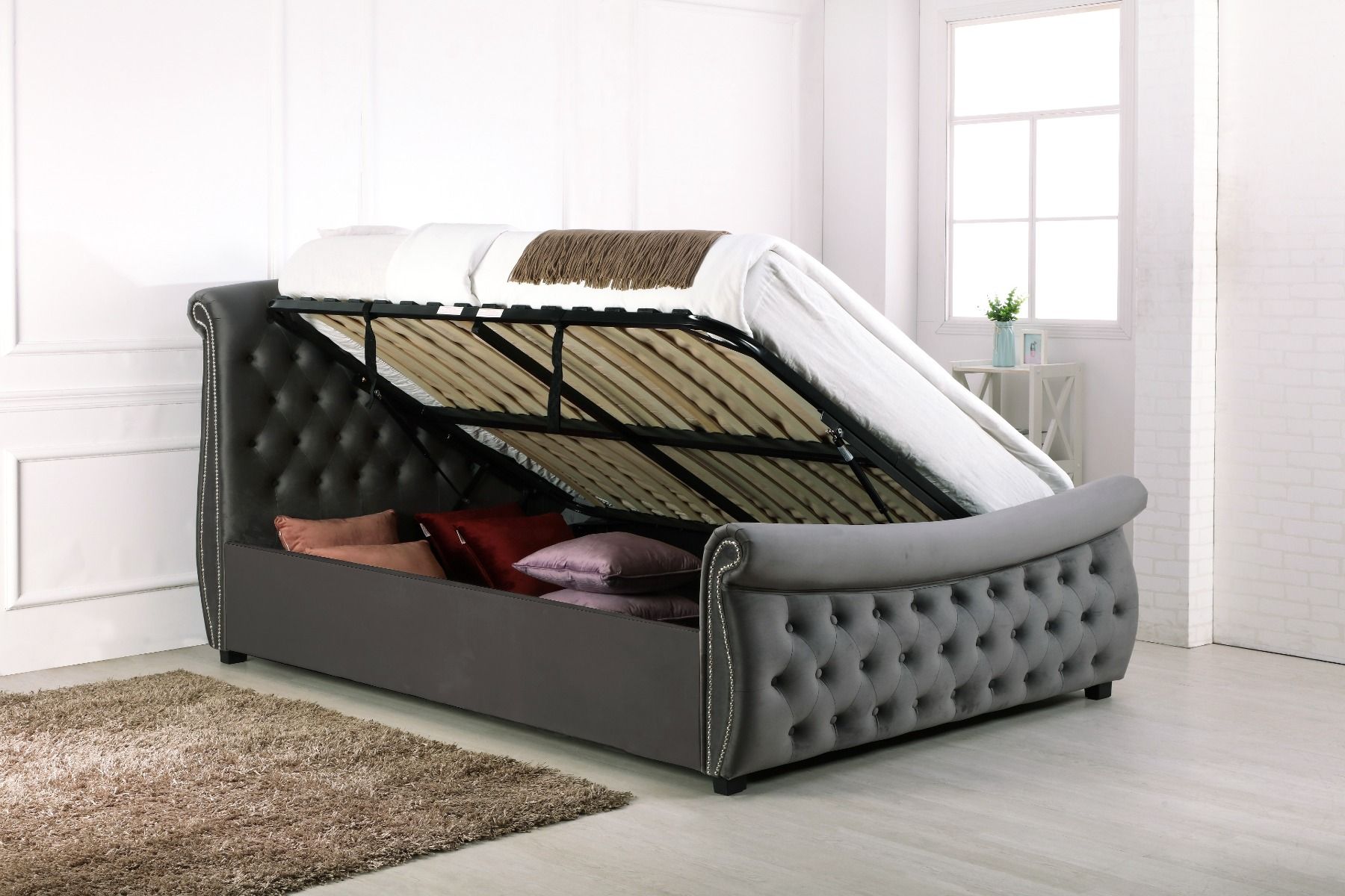 Lyla Chesterfield Side Lift Ottoman Bed Silver Velvet