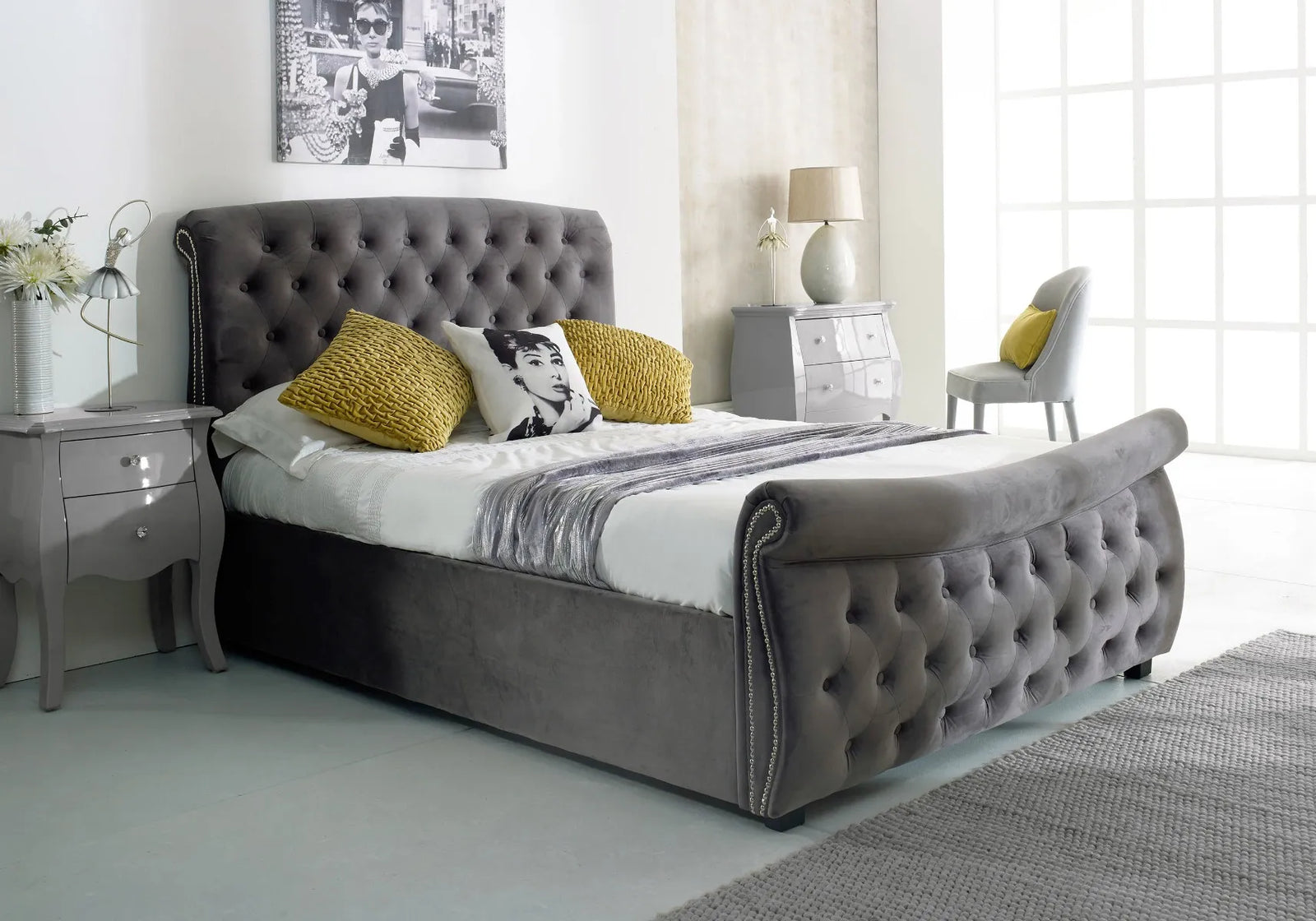 Lyla Chesterfield Side Lift Ottoman Bed Silver Velvet