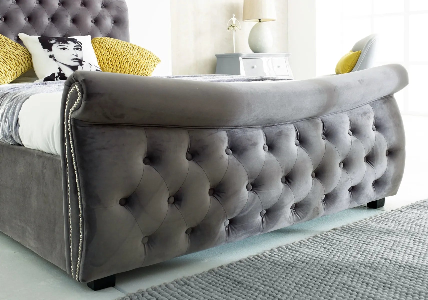 Lyla Chesterfield Side Lift Ottoman Bed Silver Velvet